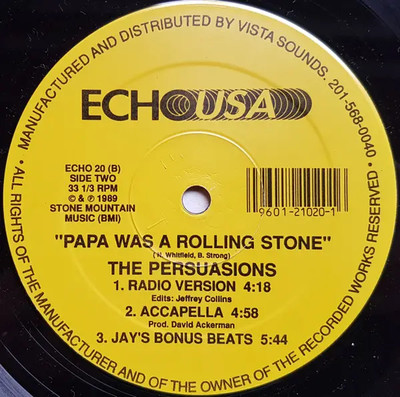 The Persuasions Papa Was A Rolling Stone Vinyl Single 12inch Echo USA
