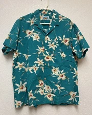 Paradise Found Men’s Blue Hawaiian Floral Orchid Print Cotton Aloha Sz L