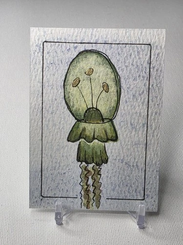 ACEO Art Card Original Hand-painted, Jellyfish, Ocean, Animal, Gold Green