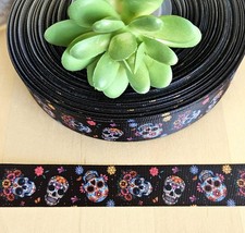 7/8" 1 YD Skull Grosgrain Ribbon Halloween Day of the Dead Skull Ribbon