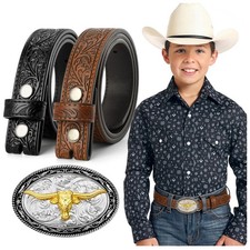 Kids Cowboy Cowgirl Belt, Western Genuine Embossed Leather Belt Bull Horse Ea...