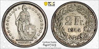 1944 B Switzerland 2 Franc PCGS MS63