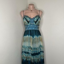 Blue Beaded Boho Silk Long Maxi Party Dress Size 14