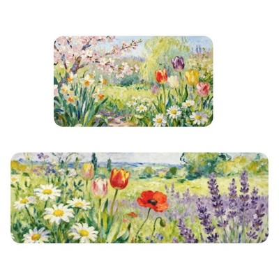 Spring Kitchen Mats for Floor Set of 2 Watercolor Colorful Floral Summer Flow...