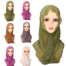 Muslim Women Beads Hijab Instant Hat Scarf Turban Pull On Shawl Wrap Headscarf