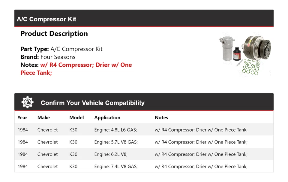 Kit de compresor de aire acondicionado para Chevrolet K30 1984 4 estaciones Foto 2 de 4