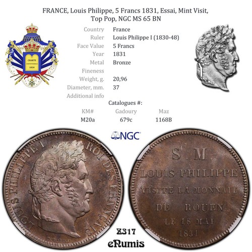 FRANCE, Louis Philippe, 5 Francs 1831, Essai, Mint Visit, Top Pop, NGC MS 65 BN - Picture 5 of 8