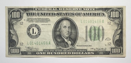 1934 $100 Federal Reserve Note San Francisco, California Green Seal - Picture 1 of 2