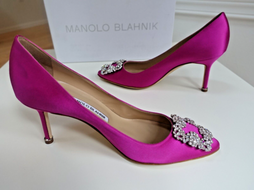NUEVO EN CAJA $1195 Manolo Blahnik Hangisi 70 Hebilla de Cristal Satinado Rosa Púrpura Talla EU 38 - Imagen 10 de 16