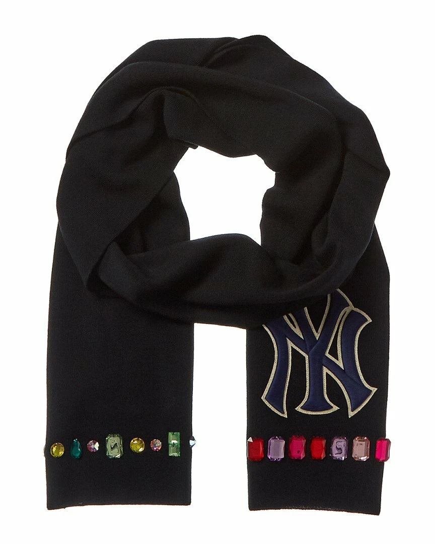 Foulard neuf en laine noire Gucci NY Yankee avec gemmes multicolores 543715 1000
