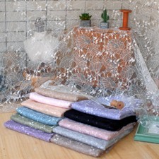 Tissu Dentelle Pailletée Voile À Motif Floral Maille Polyester Blanc/Noir, 150cm