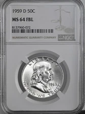 1959-D 50C FRANKLIN SILVER HALF DOLLAR FULL BELL LINES NGC MS64 FBL #8137960-072
