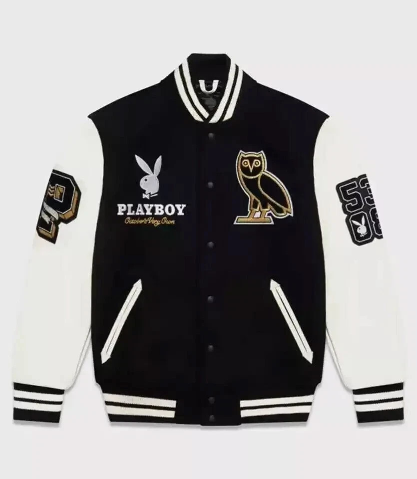OVO x NBA Playboy Warriors Varsity Jacket Black Wool & White