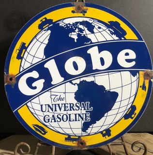 INSEGNA PORCELLANA VINTAGE GLOBO THE UNIVERSAL BENZINA METALLO POMPA GASOLIO PIASTRA