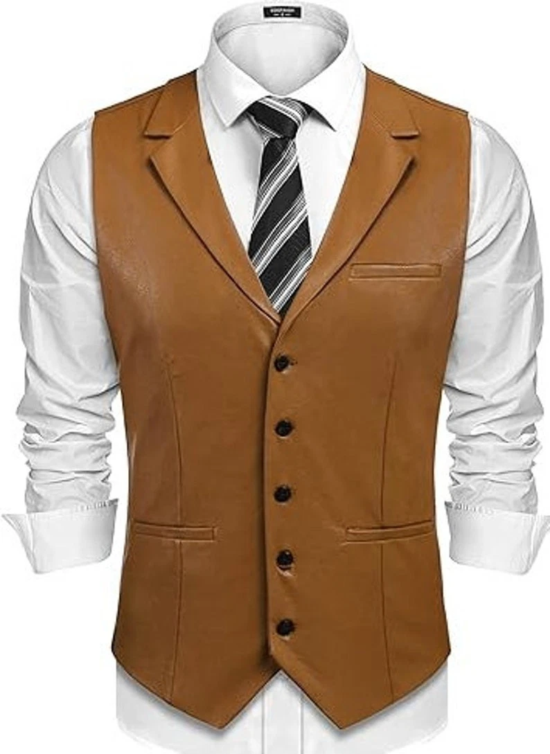 Men's Waistcoat Jacket Casual Western Vest Lambskin Leather Waist Coat
