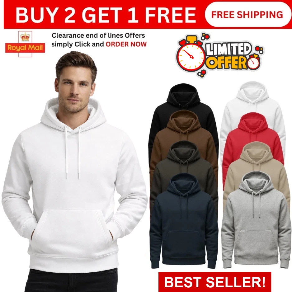 Mens Pullover Fleece Hoodie Cotton Sweatshirt Plain Hooded Jumper Top S-5XL