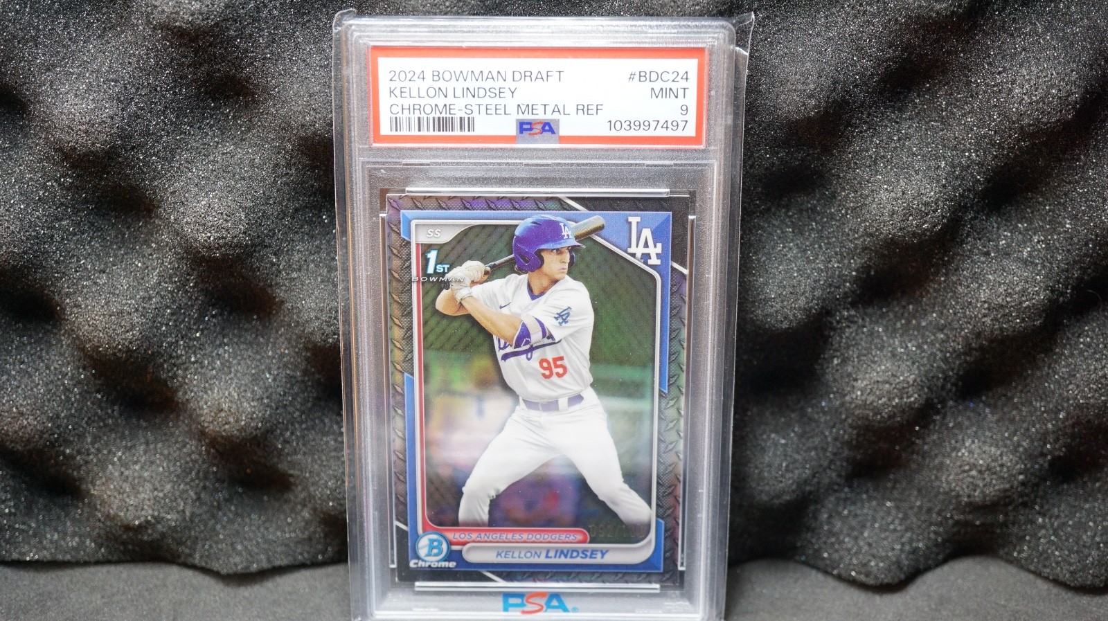 Kellon Lindsey 2024 Bowman Draft  1st Chrome Steel Metal Ref /100 Dodgers BDC-24