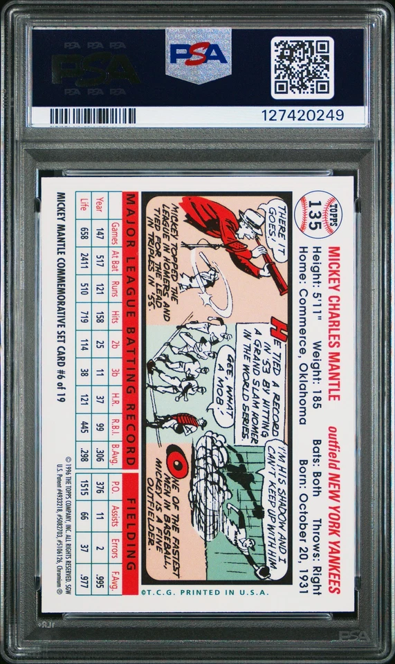 1996 Topps Mantle Finest #6 1956 Topps Reprint Refractor,W/Coating PSA 8 - Image 2 of 2