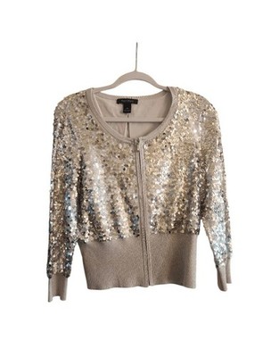 Beige/Gold House Black Market Sequin Sparkle Zip Front Sweater Size: XL 