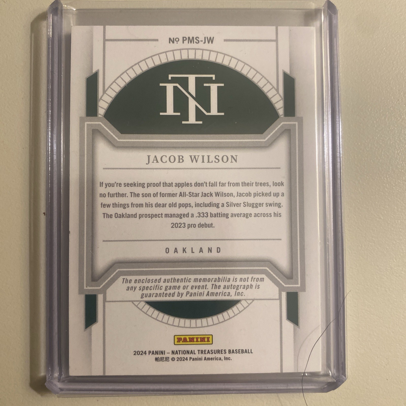 2024 National Treasures Jacob Wilson Holo Patch Auto /25 #PMS-JW  view 2