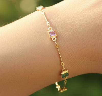 Handmade 18K Gold Plated Multi-Color Bracelet | Elegant CZ Tourmaline Tone Charm