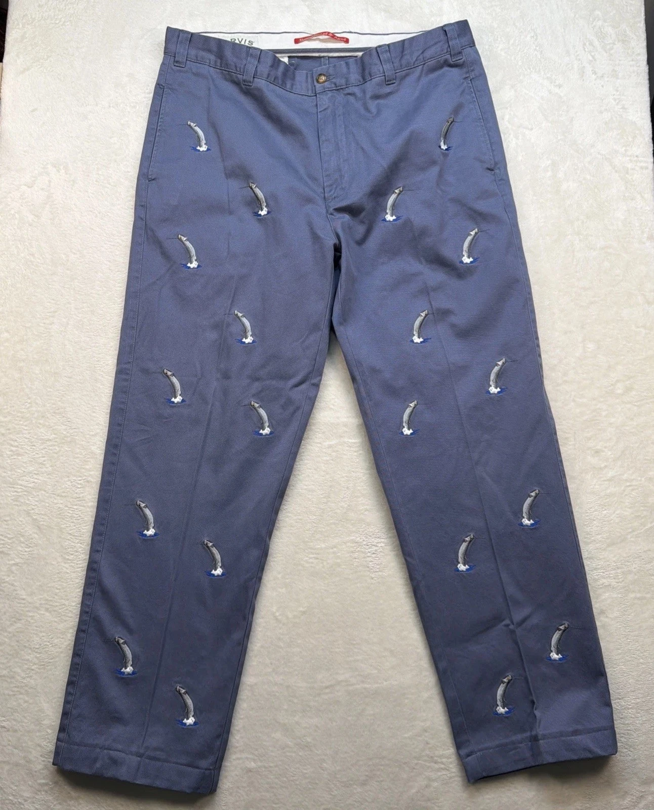 Orvis Fishing Pants Mens 38 Blue Embroidered Fish Chino Angler Casual