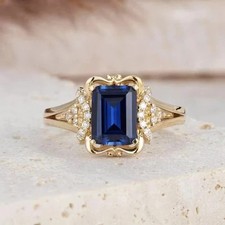 2.00 Ct Emerald Cut Natural Sapphire Diamond Wedding Ring 14K Yellow Gold