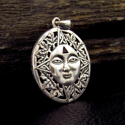 Massiver 925 Sterling Silber Sonnengesicht Anhänger Granat Keltische Herbstzeit Talisman