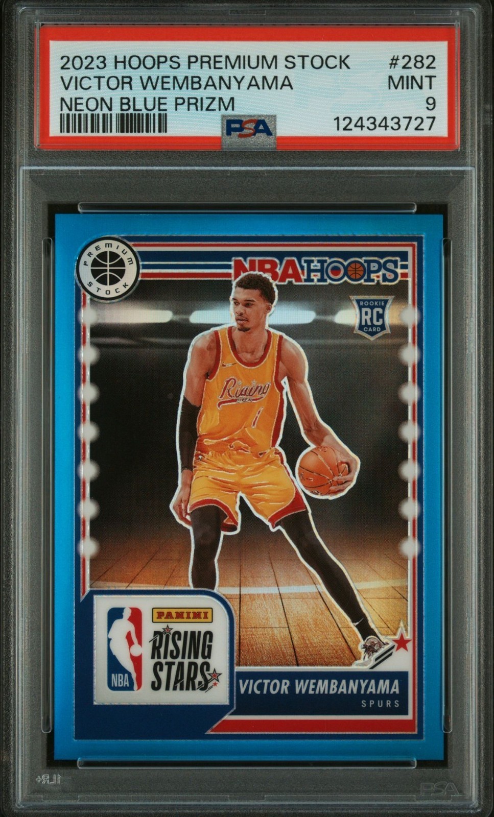 2023 Hoops Premium Stock Victor Wembanyama Neon Blue Prizm /15 #282 Rookie PSA 9