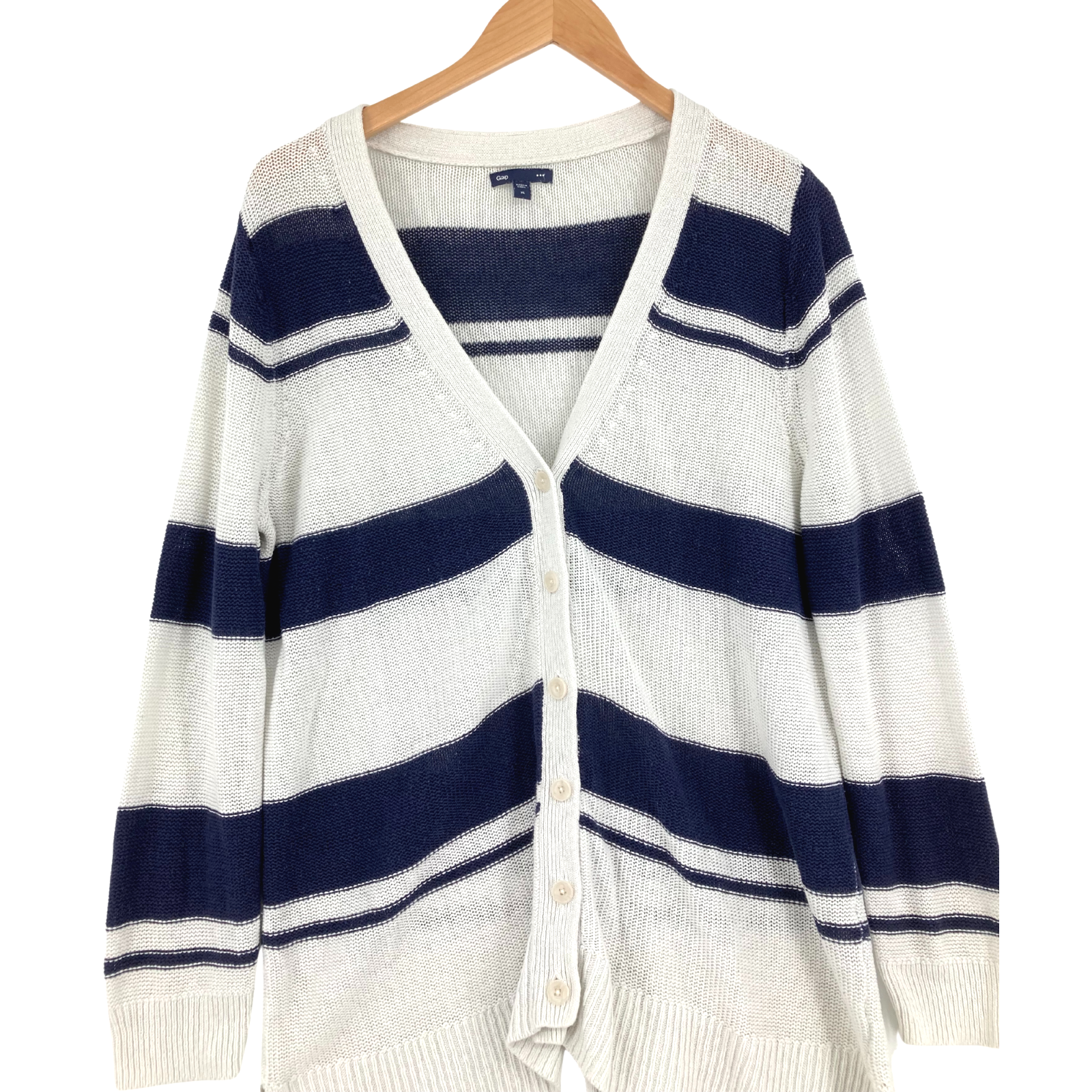 Blue Linen Strip Twisted Knit Button 