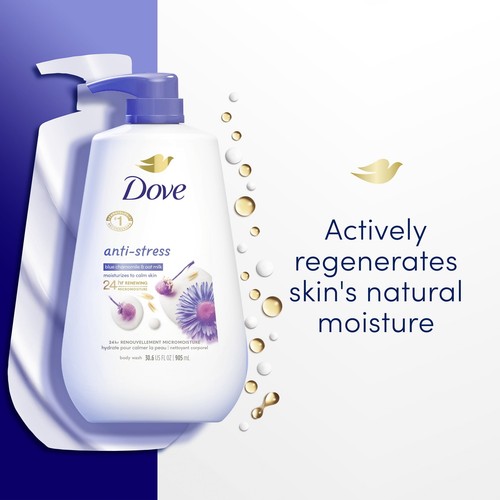 Dove Anti-Stress Moisturizing Liquid Body Wash Blue Chamomile & Oat Milk,30.6 oz - Picture 3 of 7