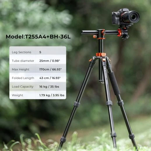 K&F Concept 1.7m Video Camera Tripod Travel Transverse Center Column 35lbs Load - Image 2 of 4