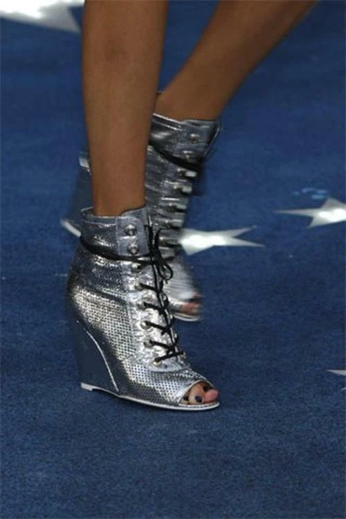 CHANEL $1315 METALLIC SILVER LACE UP BOOTIES BOOTS SHOES WEDGES 41