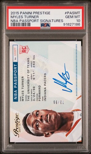 PSA 10 - MYLES TURNER #/99 Auto 2015 Panini Prestige NBA Passport Signatures RC
