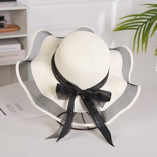 Cappello visiera tesa larga elegante pieghevole spiaggia sole berretto donna estivo fiocco rete paglia - Foto 6 di 15