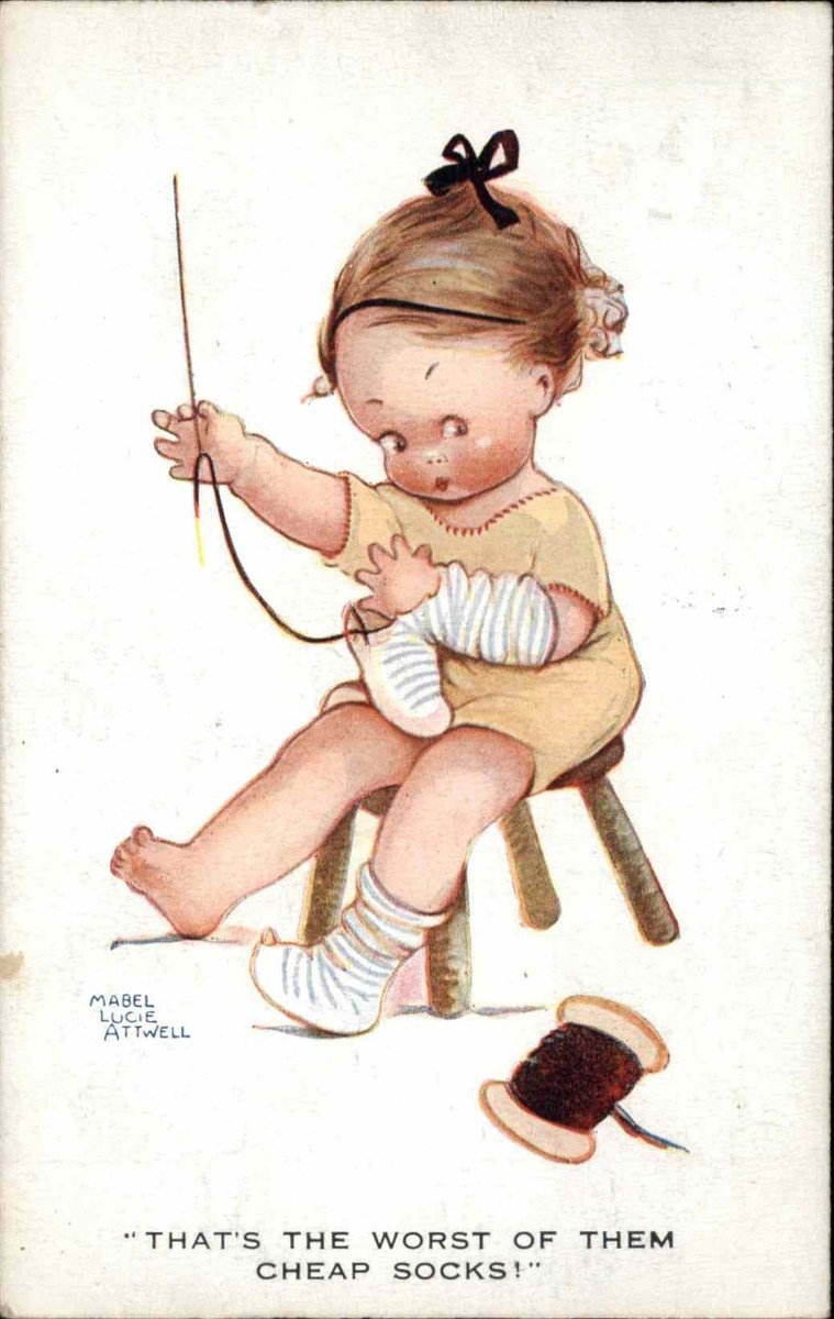 Mabel Lucie Attwell Little Girl Sewing Darning Socks Vintage