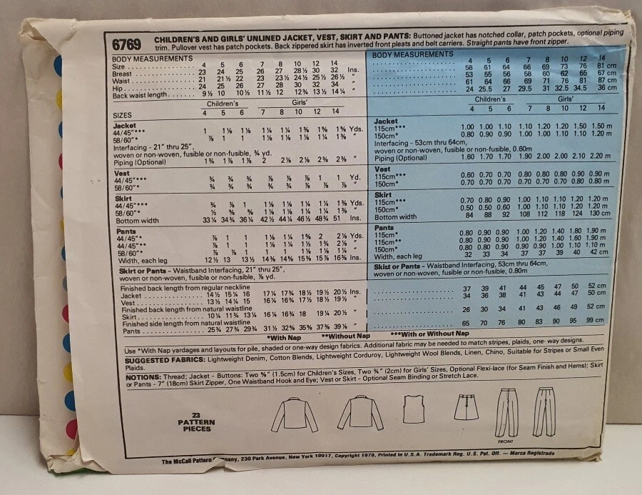 Vintage McCall’s Pattern 6769 c1979 Cut Size 6 Child's Jacket Vest Skirt & Pants - Image 2 of 3