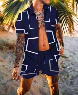 Button Down Shirt Men Fashion Up Hawaiian Navy Blue White Beach Pants Shorts SET