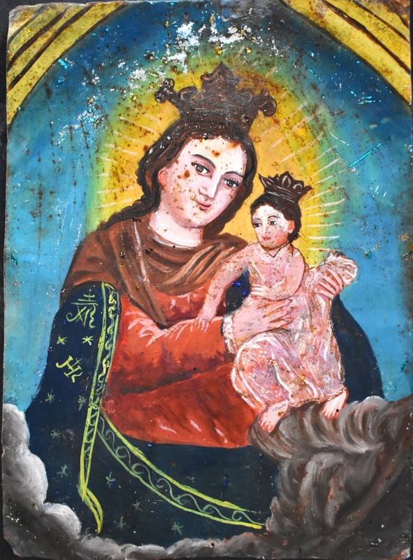Antique 19th C. Spanish Colonial Painting/ Retablo - Refugio