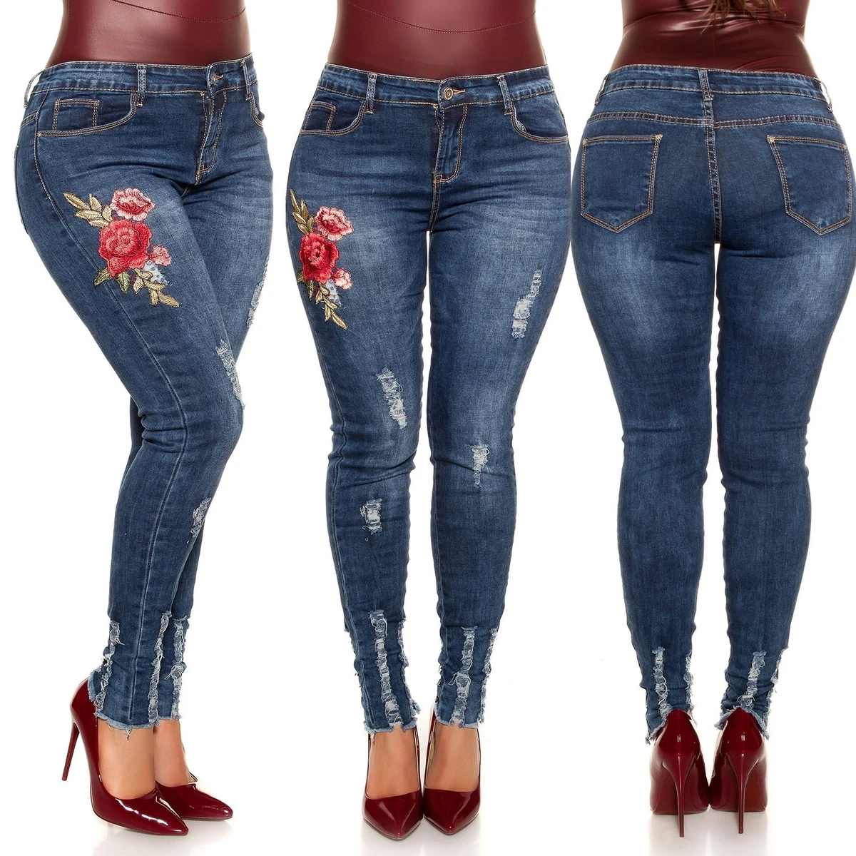 Sexy Women s Plus Size Curvy Skinny Jeans embroidered ripped pants Blue UK 10 20
