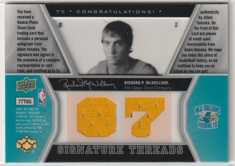Adam Haluska AUTO 2007-08 UD SP Rookie Threads New Orleans Hornets RPA RC /799 - Image 2 of 2