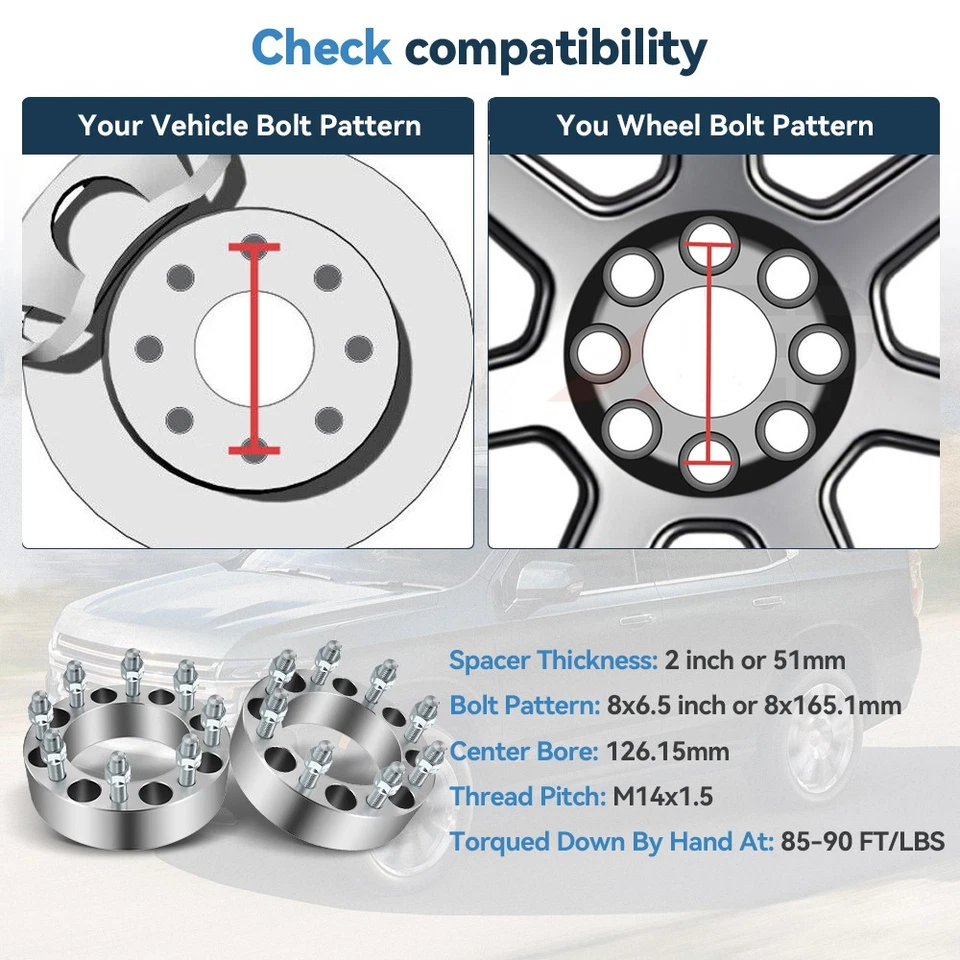 4 Pcs 2" 8x6.5 Wheel Spacers 14x1.5 For Ram 2500 3500 Hummer H2 Chevy GMC 8 Lug - Image 2 of 4