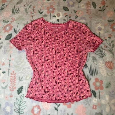American Eagle Floral Waffle Knit Baby Tee Shirt XS Preppy Y2K Cottage Coquette