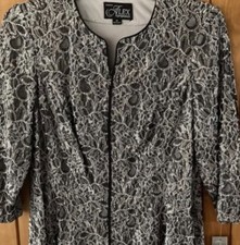 New Alex Evenings Women 1X Zip Front 3/4 Sleeve Lace Jacket Black Silver