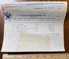 1933 billhead invoice Chas Rosenstein Toys Cutlery Marbles Holiday Louisville KY