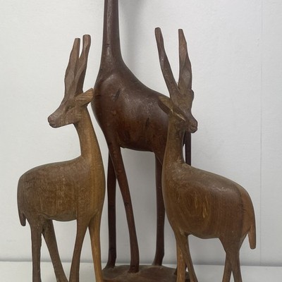 Vintage Holz Tier Figuren Set Gazelle Giraffe Afrikanisch MCM Deko 