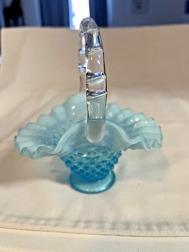 Vintage Fenton Hobnail Blue Small Basket, Ruffled Opulent Rim, 6 1/4”