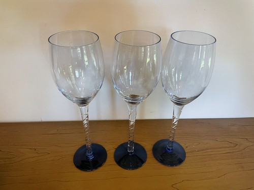Set Of 3 Vintage Cobalt Blue & Clear Glass Twist Stem 10" Crystal Wine Glasses - Picture 2 of 4
