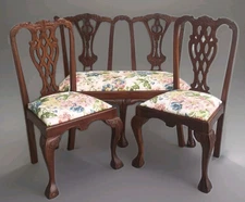 Antique Style Queen Anne Carved Settee & Two Chairs with New Waverly Upholstery