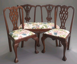 Antique Style Queen Anne Carved Settee & Two Chairs with New Waverly Upholstery